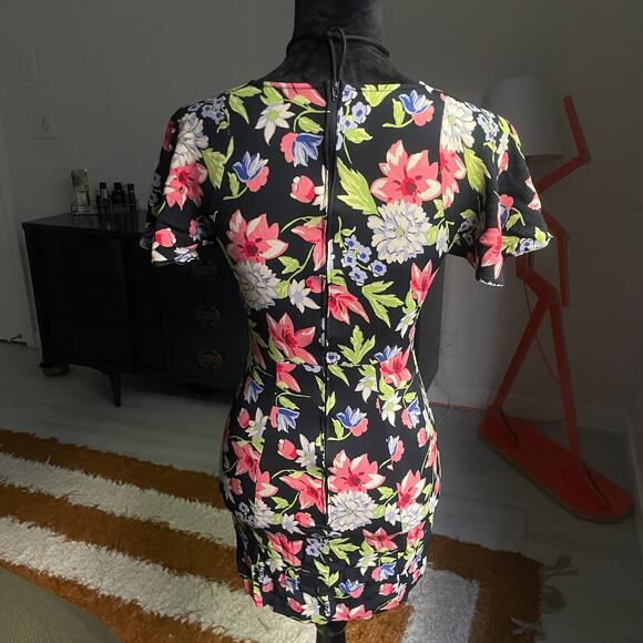 Vintage Betsey Johnson Size Medium Y2K 1990's Floral Mini Dress Black V Neck - Picture 5 of 10